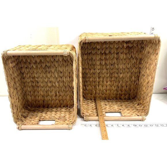 Handwoven Wicker Storage Baskets Set Of 2 With Wooden Handles - Rustic & Durable - Picture 2 of 12